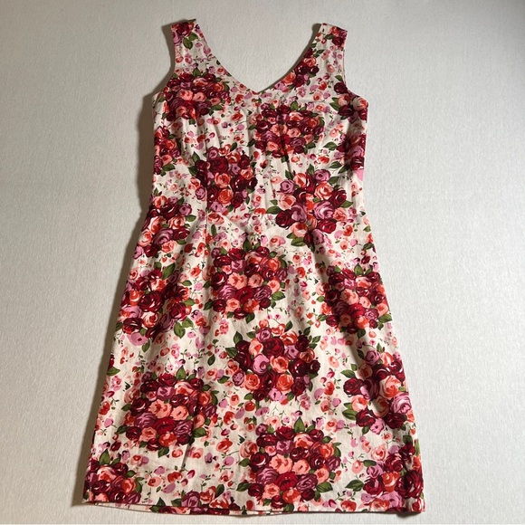 B. Moss Cotton + Linen Blend Sleeveless V Neck Floral Dress, White + Pink Size 8 - Picture 1 of 9